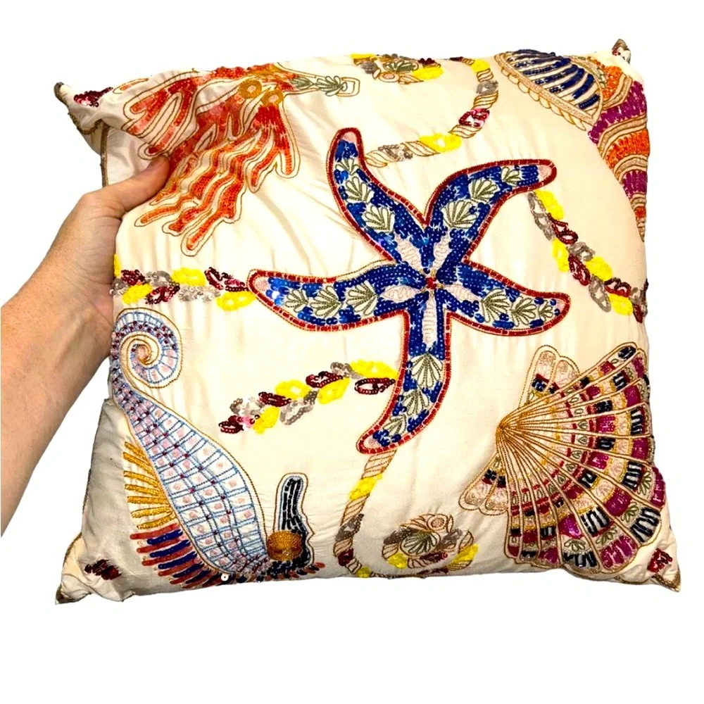 ETRO SILK embroidered beaded sequins Ocean Life pillow cover